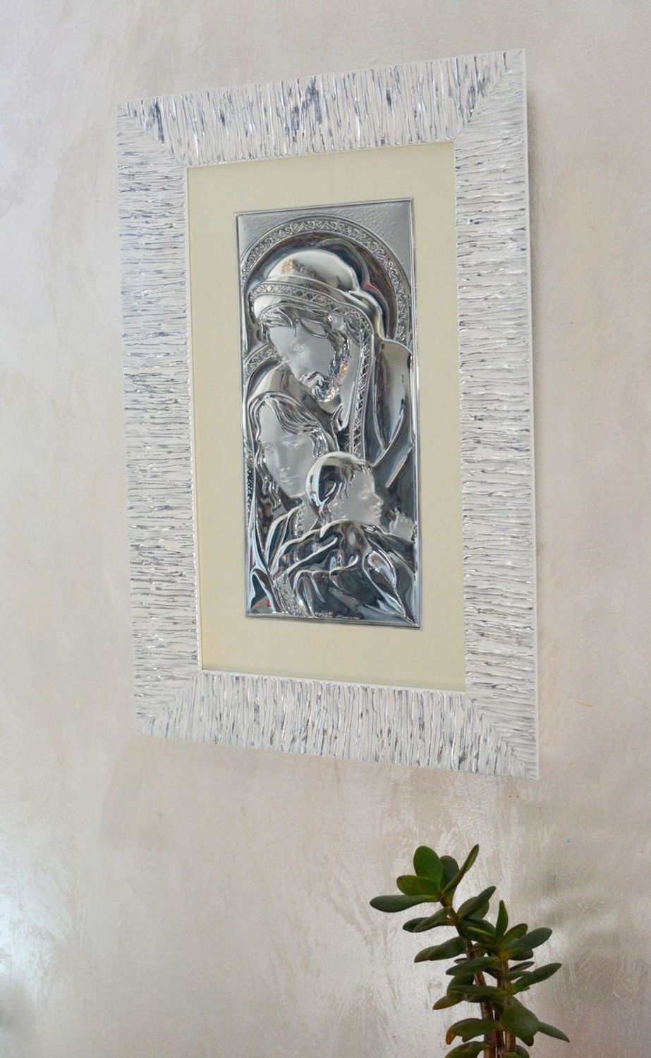 Obraz w ramie Prezent Święta Rodzina 35X55 ANARP 3750. Srebrny obraz na prezent. Obraz duży na ścianę z Rodziną Święta. Obraz w szkle posrebrzany z wizerunkiem świętych..jpg